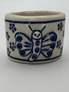 Vintage Hand-Painted Polish Pottery Butterfly Napkin Ring - 2 Inch